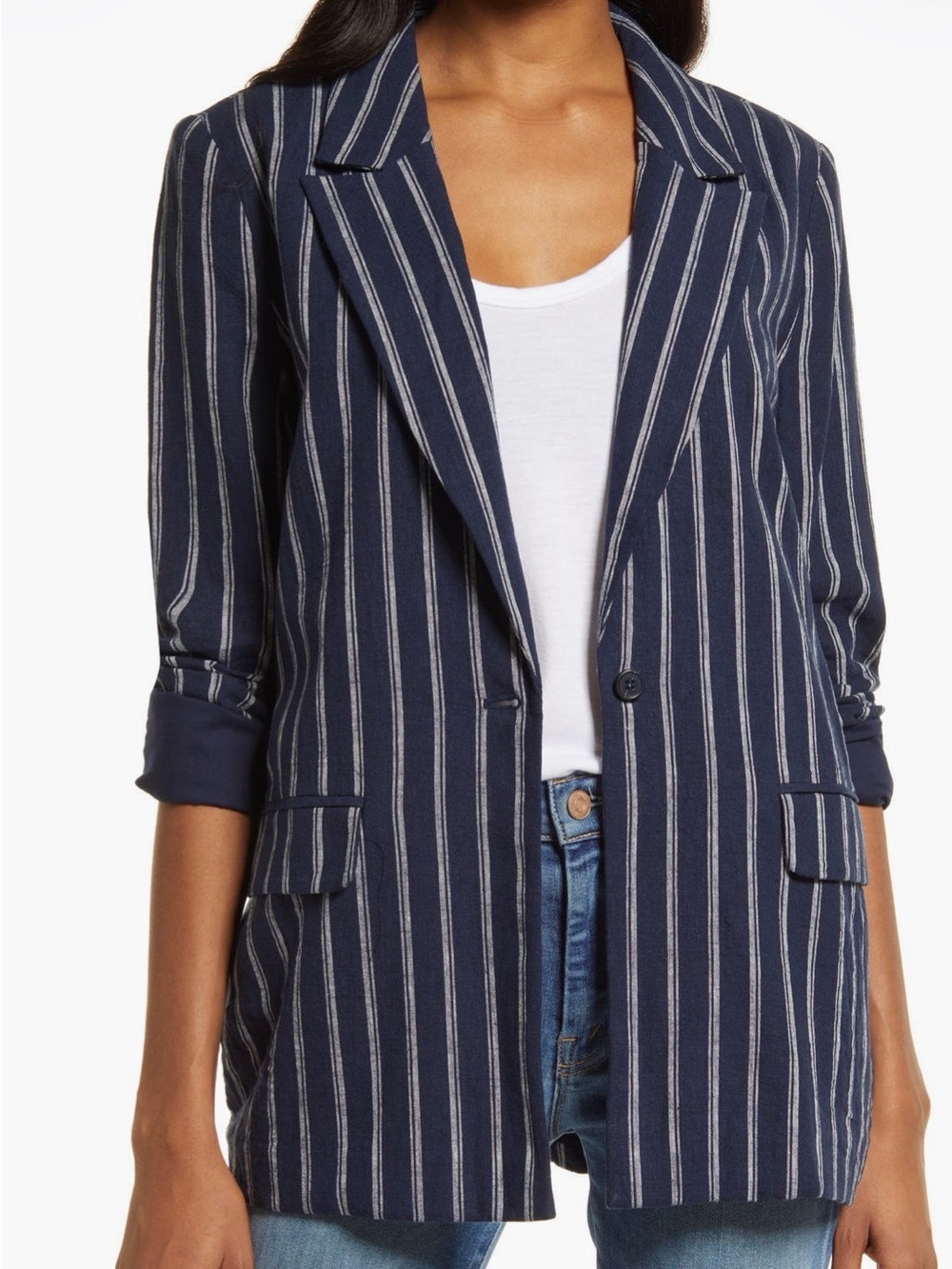 Treasure & Bond Navy and White Striped Linen Blazer